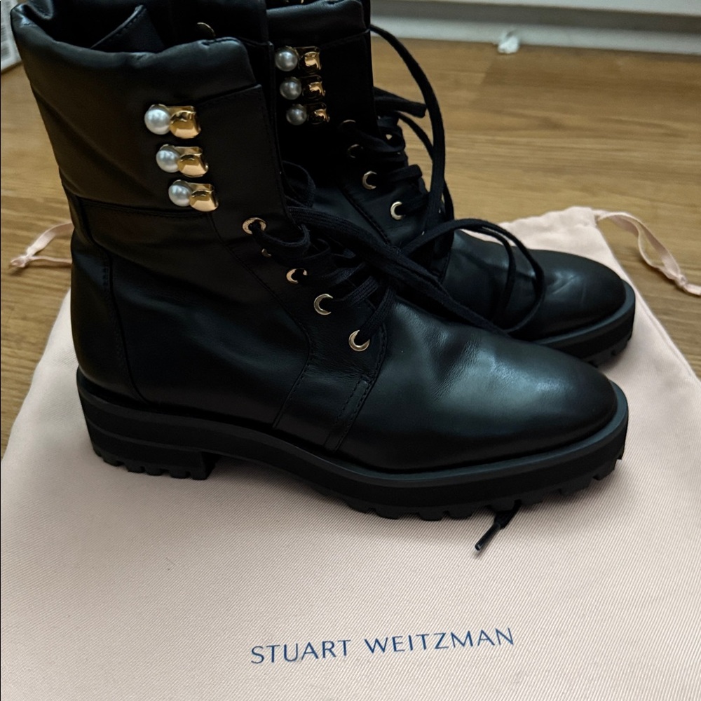 Stuart Weitzman Black Boots with Pearl and Gold Details